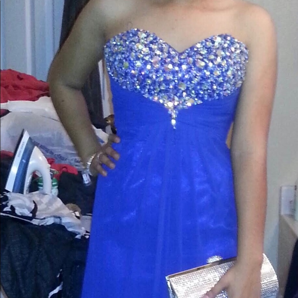 Blue Strapless Prom Dress with Jeweled Bodice - XS